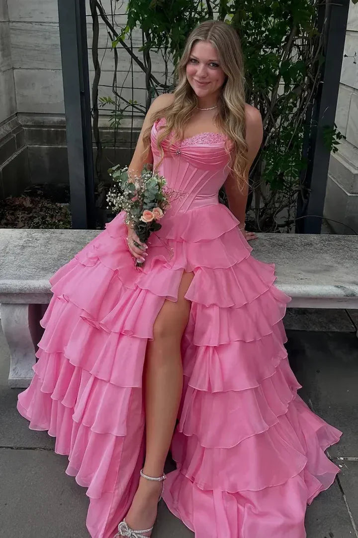 Modest A-Line Sweetheart Strapless Tiered Split Party Prom Dress