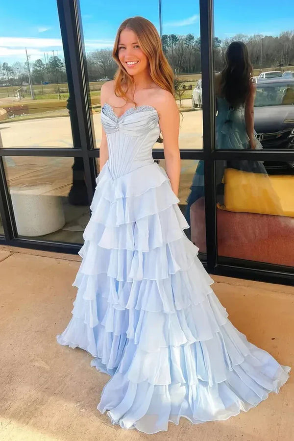 Modest A-Line Sweetheart Strapless Tiered Split Party Prom Dress
