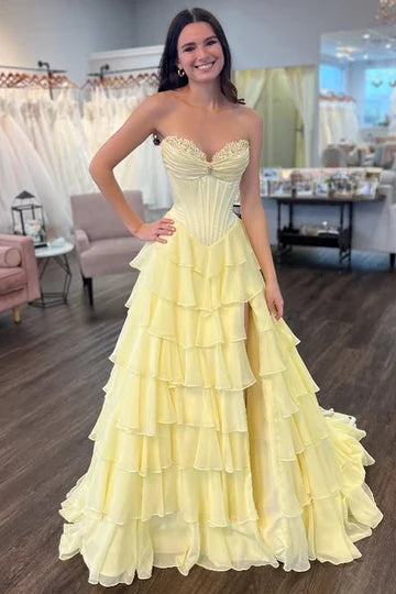 Modest A-Line Sweetheart Strapless Tiered Split Party Prom Dress