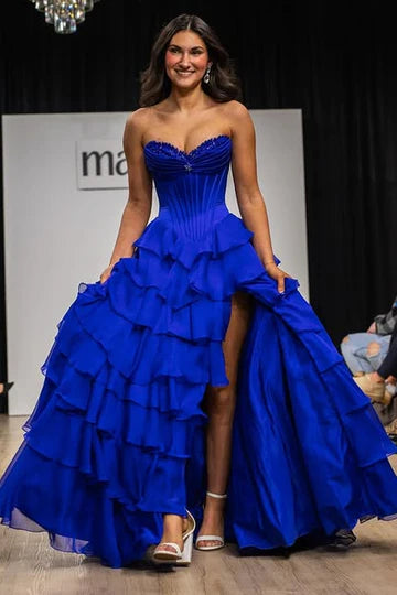 Modest A-Line Sweetheart Strapless Tiered Split Party Prom Dress