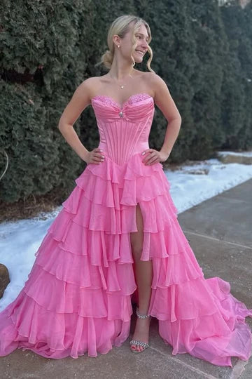 Modest A-Line Sweetheart Strapless Tiered Split Party Prom Dress