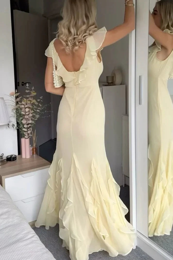 Modest A-Line V-Neck Backless Chiffon Ruffle Party Prom Dress