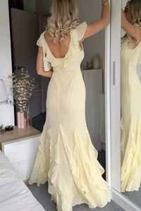 Modest A-Line V-Neck Backless Chiffon Ruffle Party Prom Dress