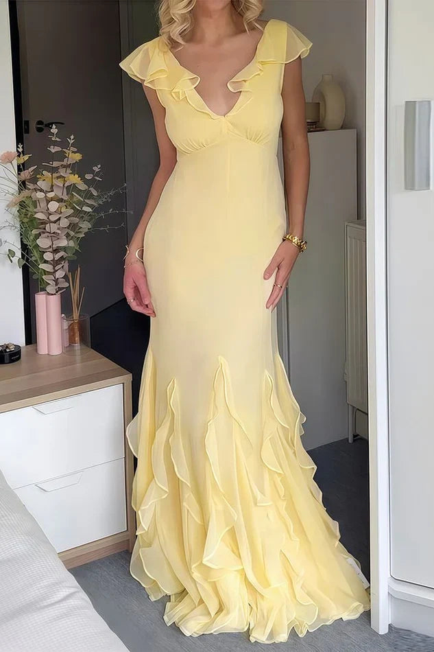 Modest A-Line V-Neck Backless Chiffon Ruffle Party Prom Dress