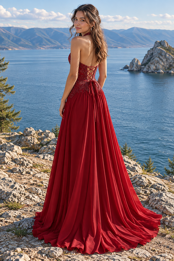 Modest A-Line V-Neck Halter Two Tone Party Prom Dress With Slit