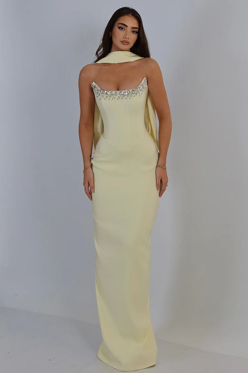 Modest Beaded Strapless Bodycon Satin Maxi Party Prom Dress