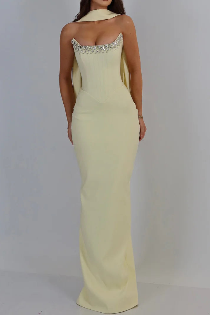 Modest Beaded Strapless Bodycon Satin Maxi Party Prom Dress