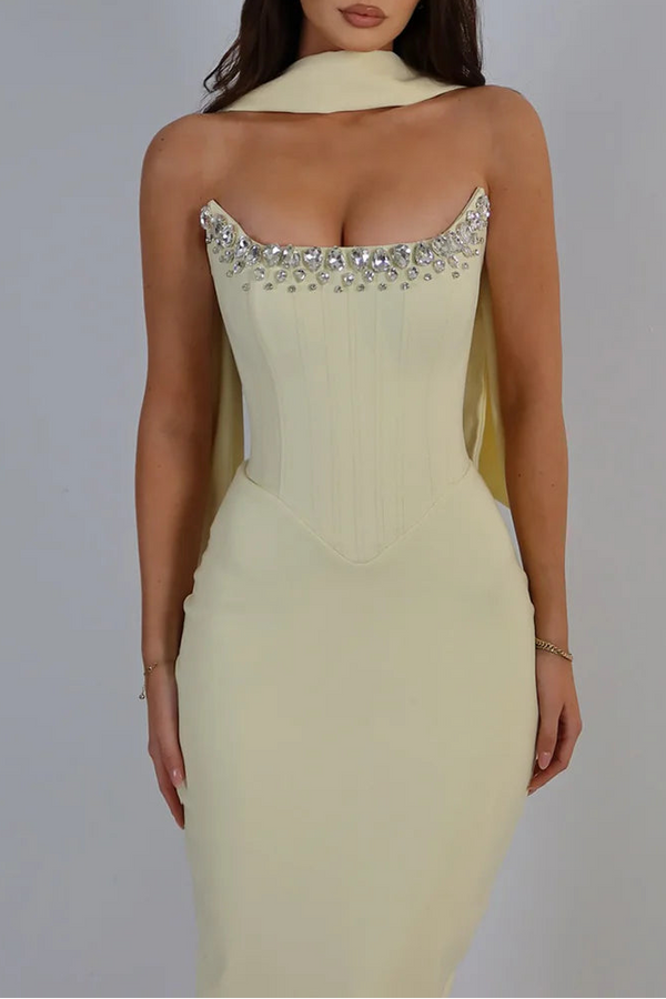 Modest Beaded Strapless Bodycon Satin Maxi Party Prom Dress