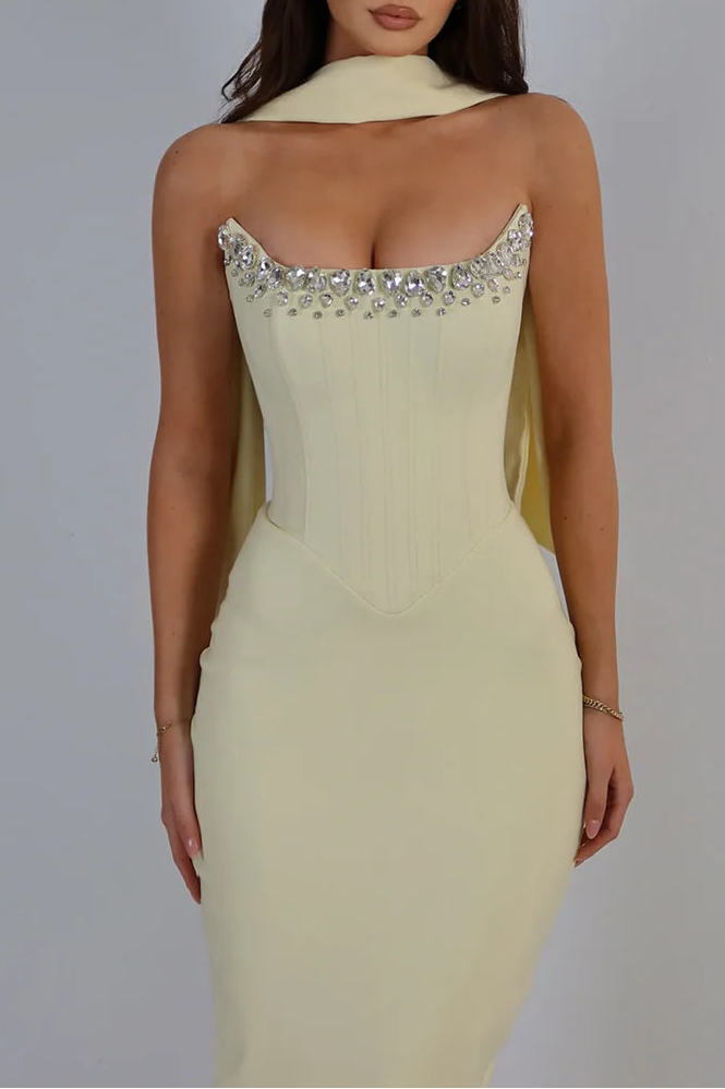 Modest Beaded Strapless Bodycon Satin Maxi Party Prom Dress