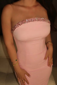 Modest Beaded Strapless Bodycon Satin Party Prom Dress