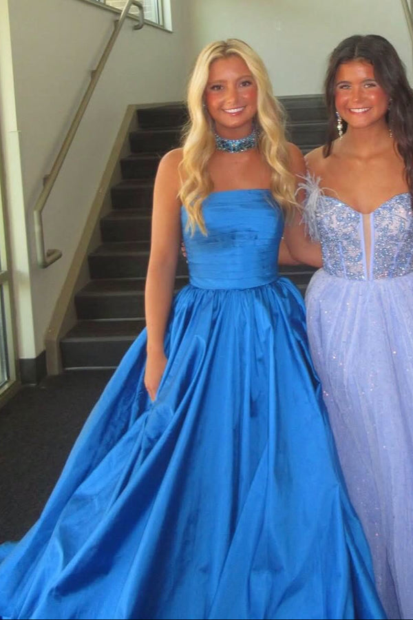 Modest Blue Satin A-Line Strapless Formal Party Prom Dress