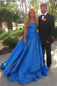Modest Blue Satin A-Line Strapless Formal Party Prom Dress