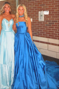 Modest Blue Satin A-Line Strapless Formal Party Prom Dress
