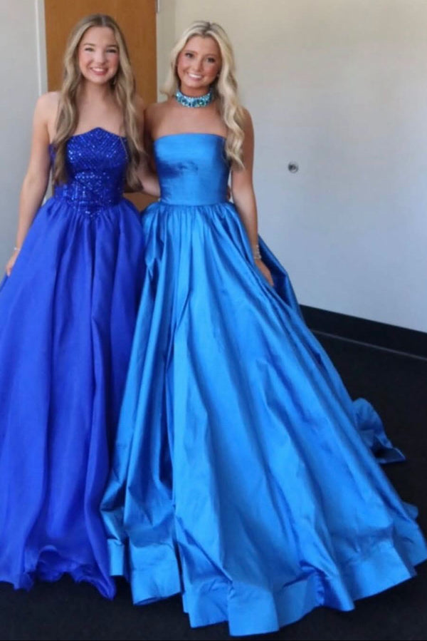 Modest Blue Satin A-Line Strapless Formal Party Prom Dress