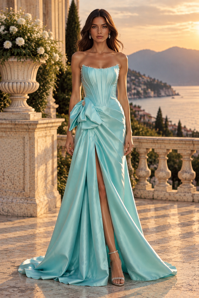 Modest Boat Strapless Mermaid Satin Party Prom Dress With Train