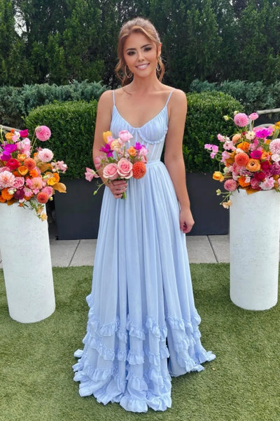 Modest Chiffon A-Line V-Neck Sleeveless Ruffle Tiered Bridesmaid Dress