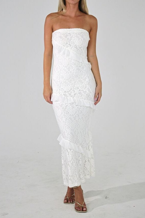 Modest Fitted Strapless Fully Lace Ruffle Party Prom Dress