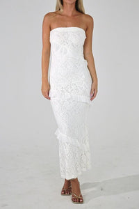 Modest Fitted Strapless Fully Lace Ruffle Party Prom Dress