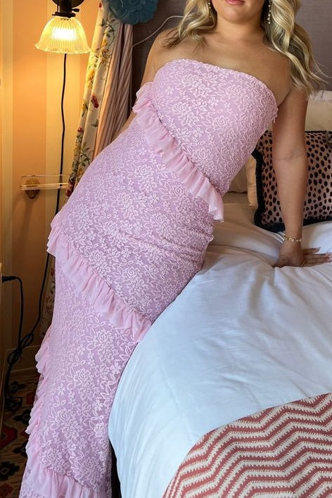 Modest Fitted Strapless Fully Lace Ruffle Party Prom Dress