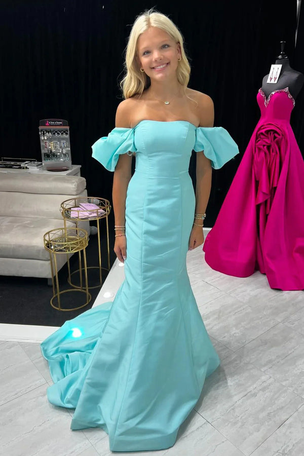 Modest Off-Shoulder Mermaid Satin Party Prom Dress With Train