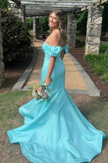 Modest Off-Shoulder Mermaid Satin Party Prom Dress With Train