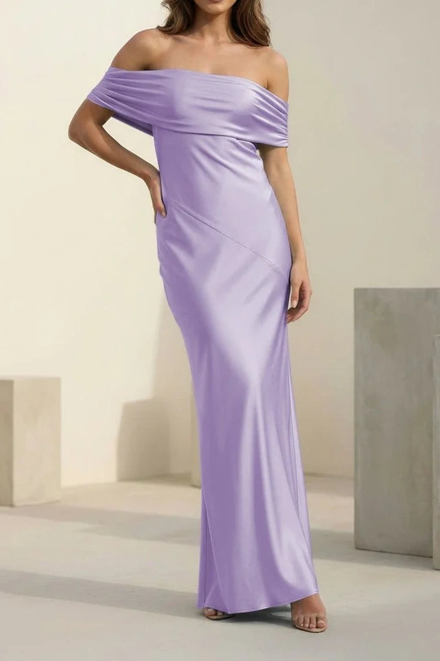 Modest Off-Shoulder Satin Sheath Maxi Party Prom Dress