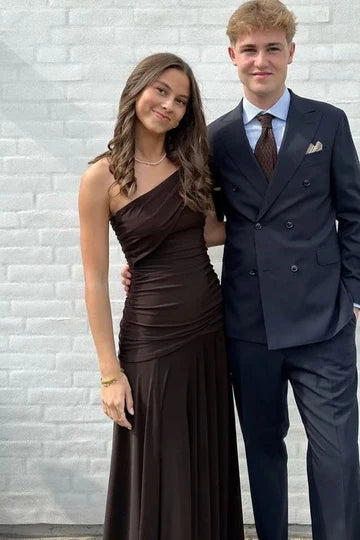 Modest One Shoulder Sleeveless Satin A-Line Split Party Prom Dress