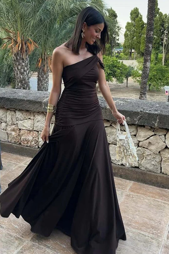 Modest One Shoulder Sleeveless Satin A-Line Split Party Prom Dress FancyVestido Modest One Shoulder Sleeveless Satin A-Line Split Party Prom Dress FancyVestido