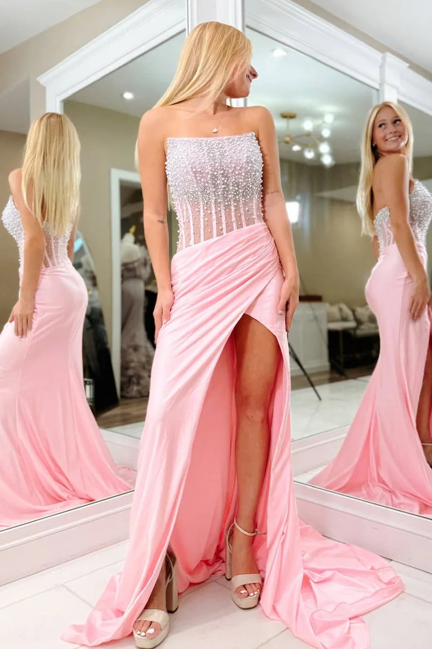 Modest Pearls Sheer Blouson Satin Mermaid Party Prom Dress