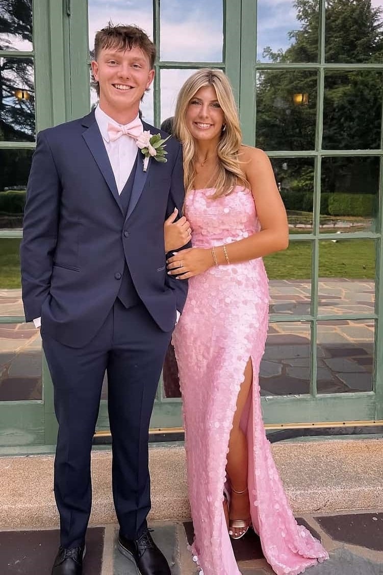 Modest Pink Strapless Lace-Up Sequin Split Party Prom Dress