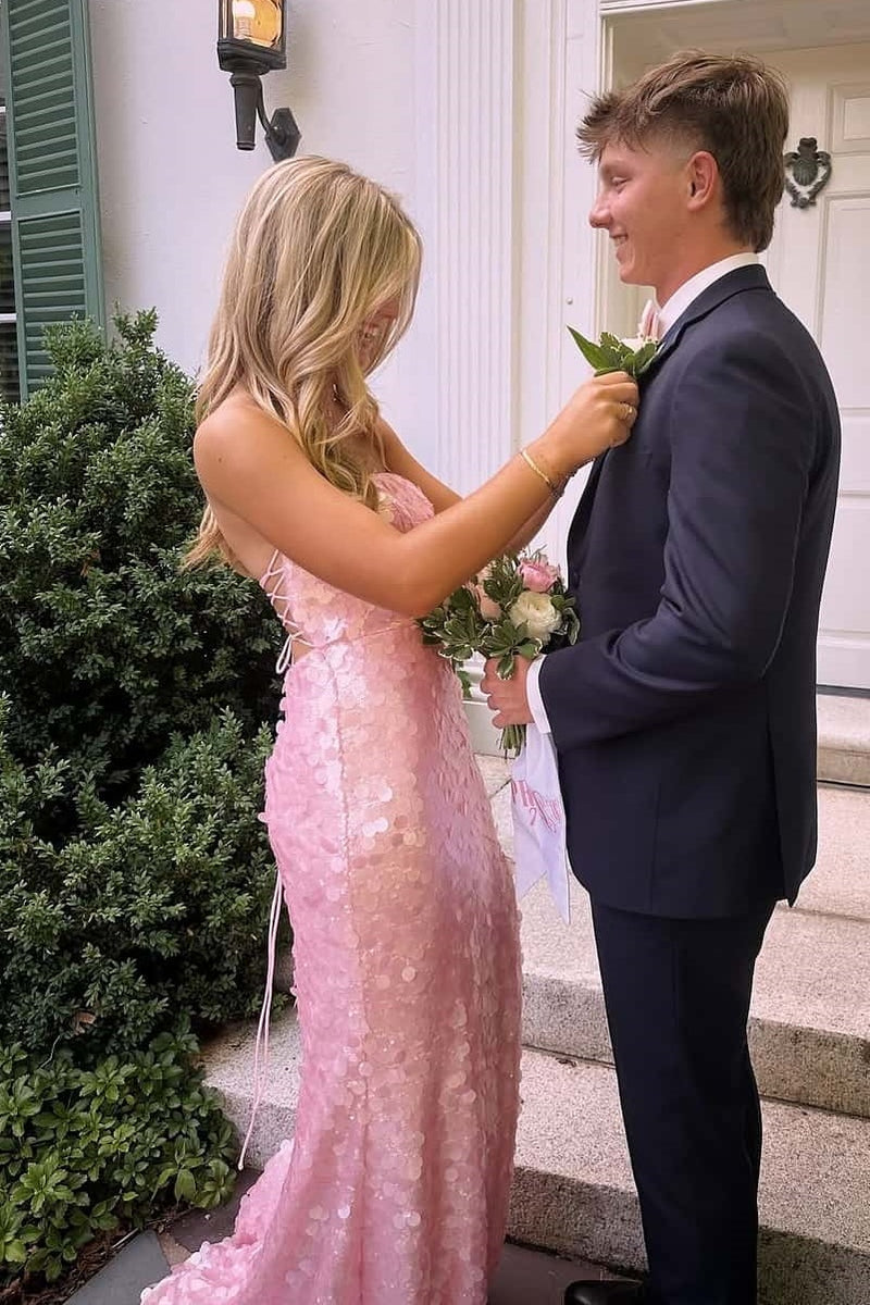 Modest Pink Strapless Lace-Up Sequin Split Party Prom Dress