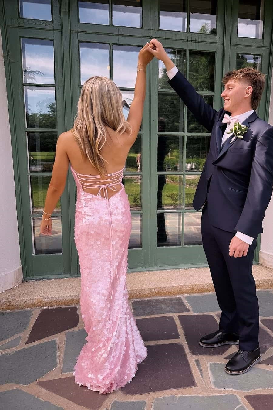 Modest Pink Strapless Lace-Up Sequin Split Party Prom Dress