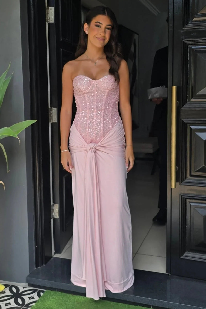Modest Pink Sweetheart Strapless Sequin And Satin Maxi Party Prom Dress