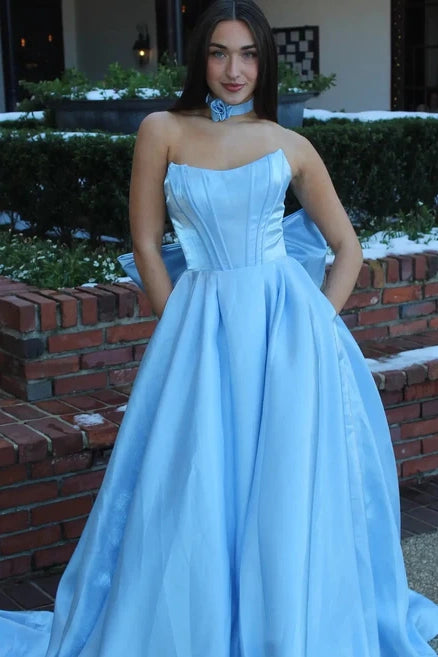 Modest Satin A-Line Crew Strapless Party Prom Dress With Bow