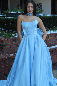 Modest Satin A-Line Crew Strapless Party Prom Dress With Bow