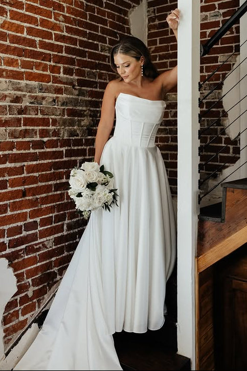 Modest Satin A-Line Sleeveless Empire Wedding Dress With Train