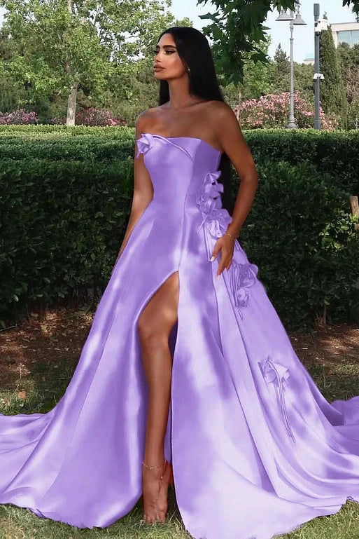Modest Satin A-Line Strapless Floral Appliques Party Prom Dress