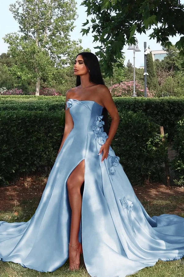 Modest Satin A-Line Strapless Floral Appliques Party Prom Dress