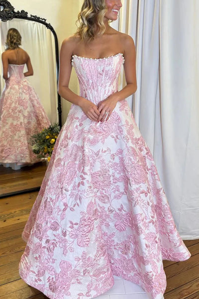 Modest Satin A-Line Strapless High-Waist Maxi Party Prom Dress