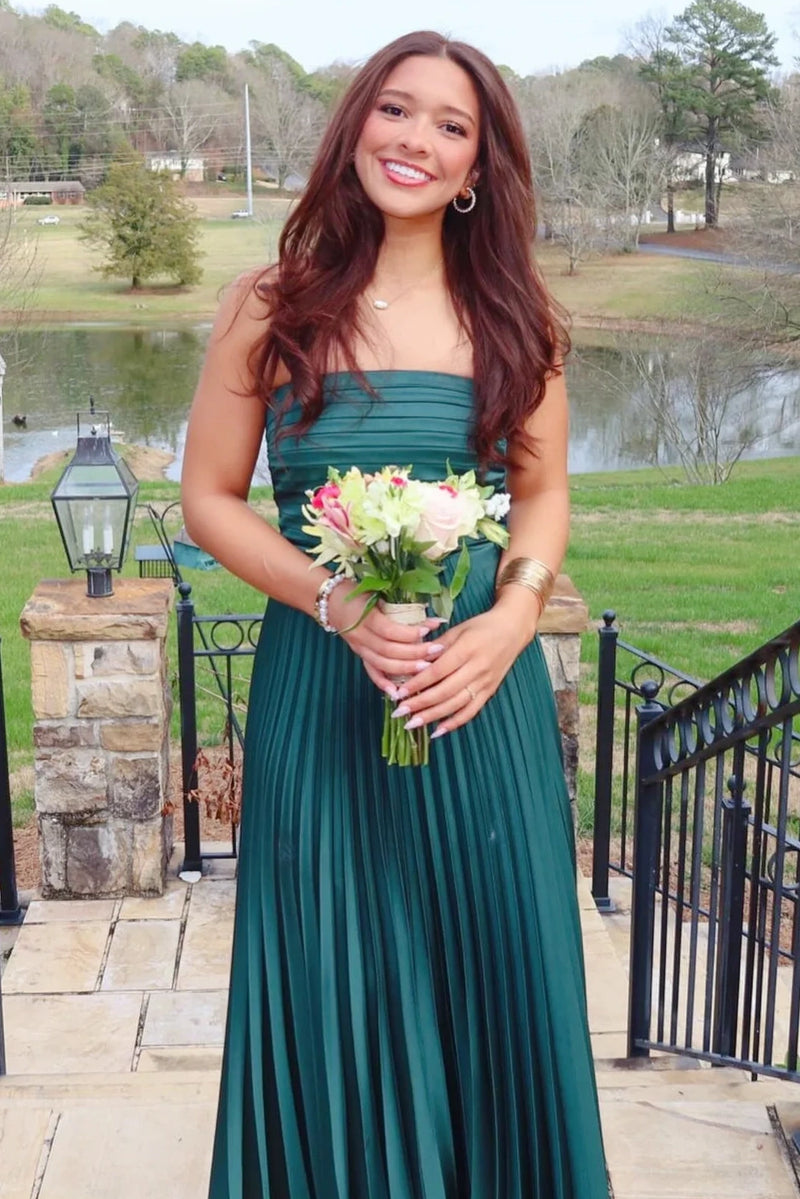 Modest Satin A-Line Strapless High Waist Pleated Party Prom Dress