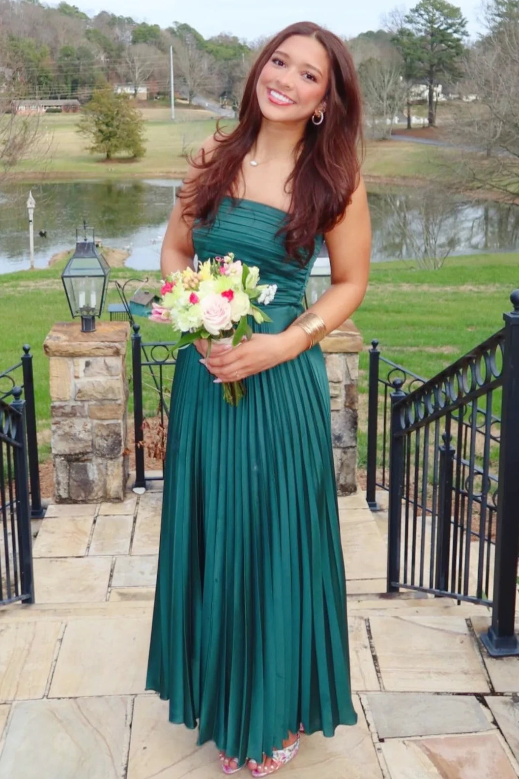 Modest Satin A-Line Strapless High Waist Pleated Party Prom Dress