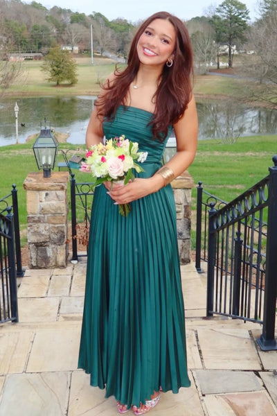 Modest Satin A-Line Strapless High Waist Pleated Party Prom Dress