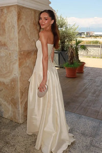 Modest Satin A-Line Strapless Party Prom Dress With Leg Slit 