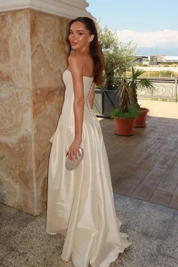 Modest Satin A-Line Strapless Party Prom Dress With Leg Slit 