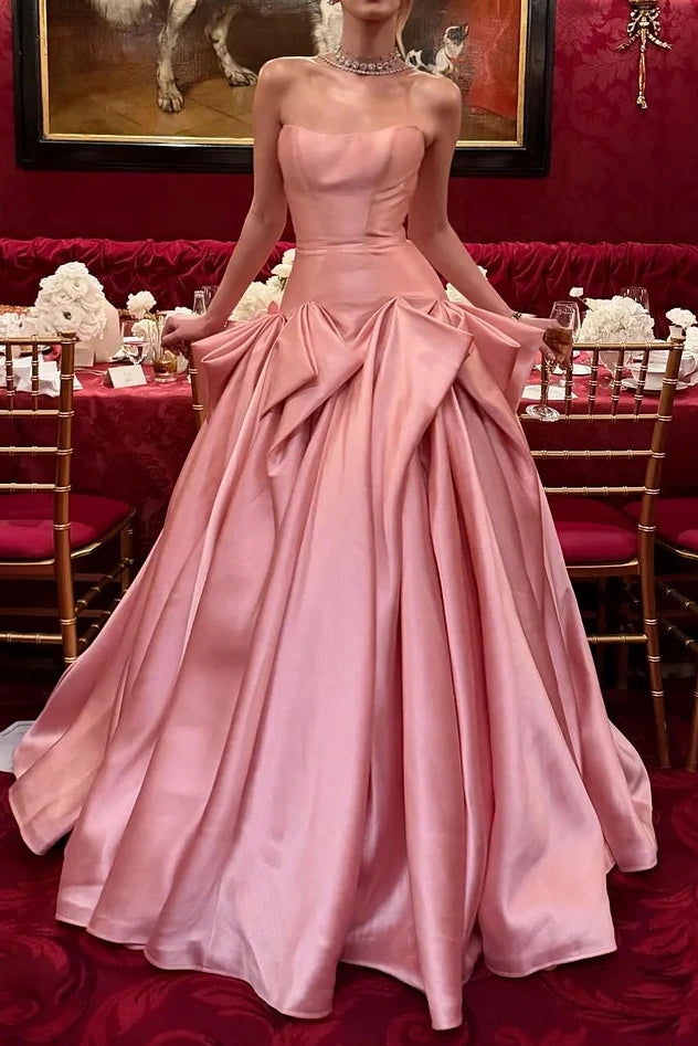 Modest Satin A-Line Strapless Pleated Formal Party Prom Dress 
