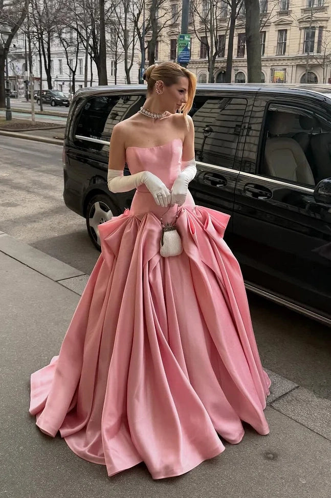 Modest Satin A-Line Strapless Pleated Formal Party Prom Dress 