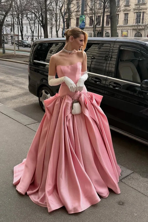Modest Satin A-Line Strapless Pleated Formal Party Prom Dress 