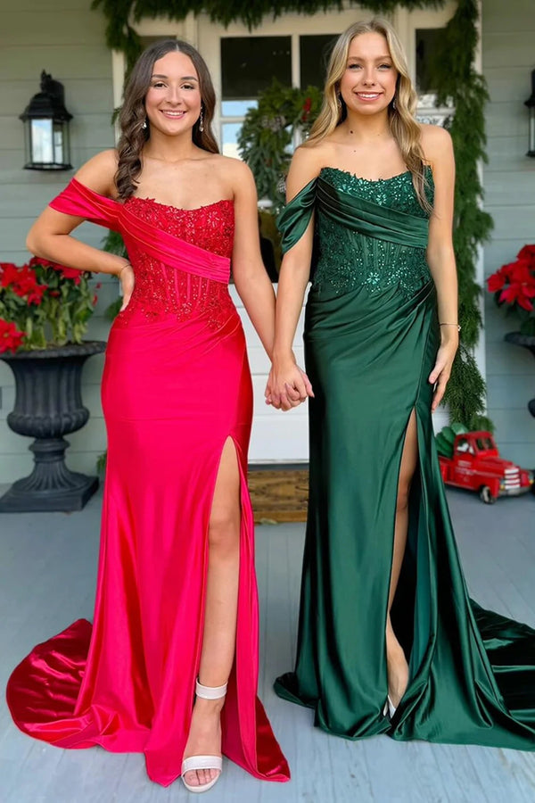 Modest Satin Mermaid One Shoulder Party Prom Dress With Leg Slit