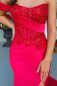 Modest Satin Mermaid One Shoulder Party Prom Dress With Leg Slit