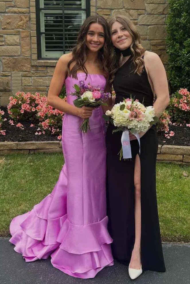 Modest Satin Mermaid Strapless Party Prom Dress With Tiered Train 